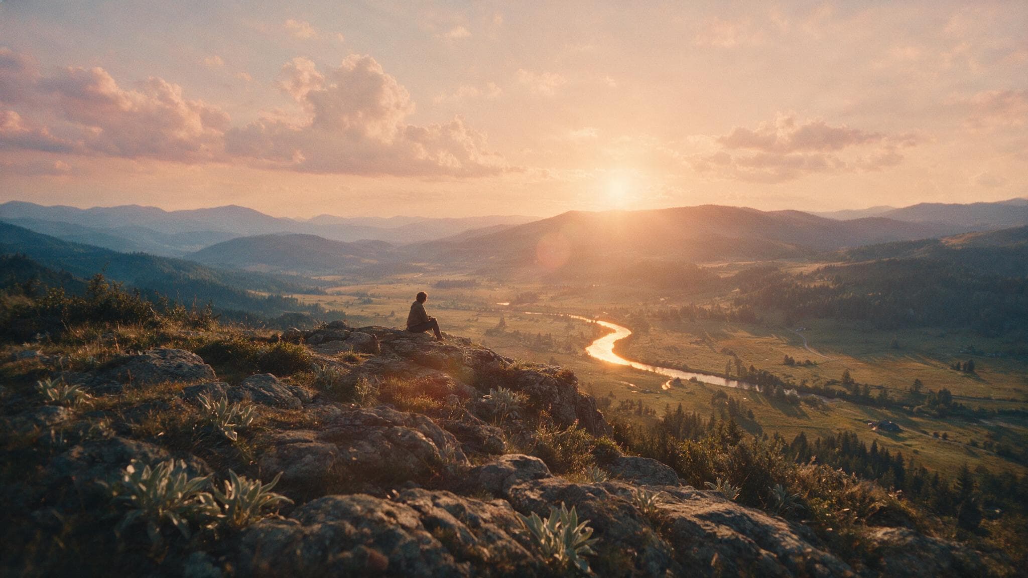 A person sitting on a rock at sunset overlooking a valley