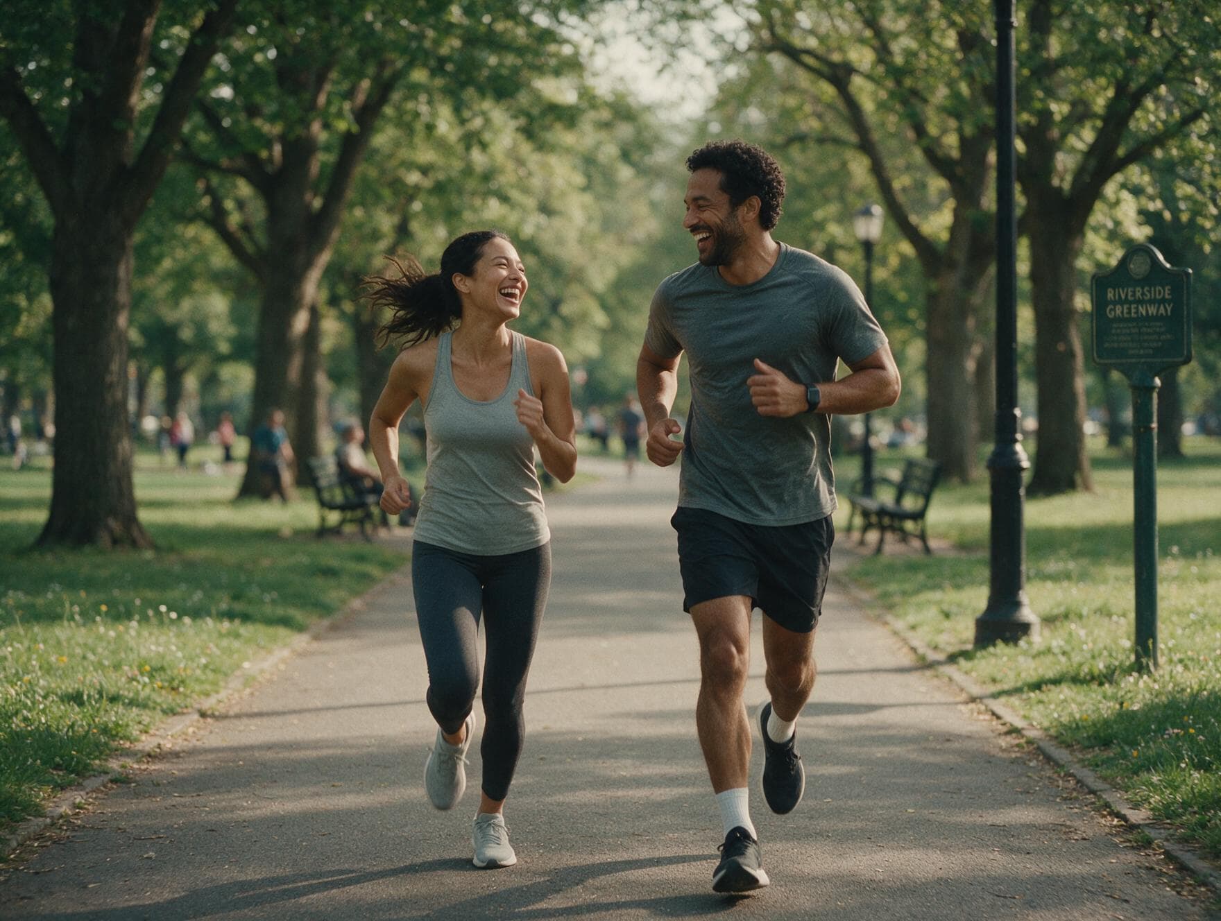 A couple jogging together on a park path