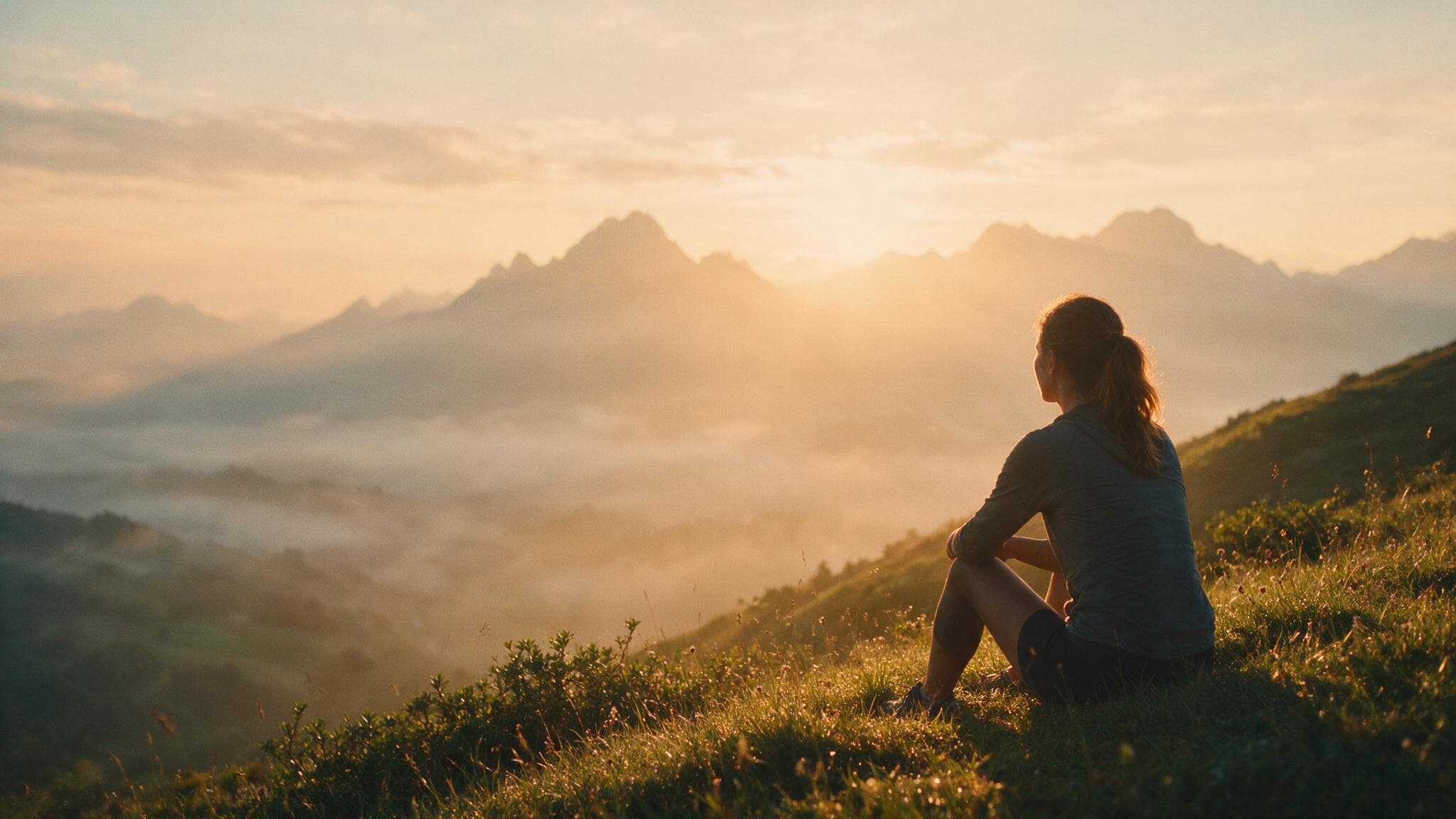 A woman resting on a hillside at sunrise after a morning walk